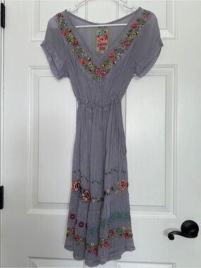 Johnny Was  Floral Embroidered Sheer Cinch Waist Dress Sz S